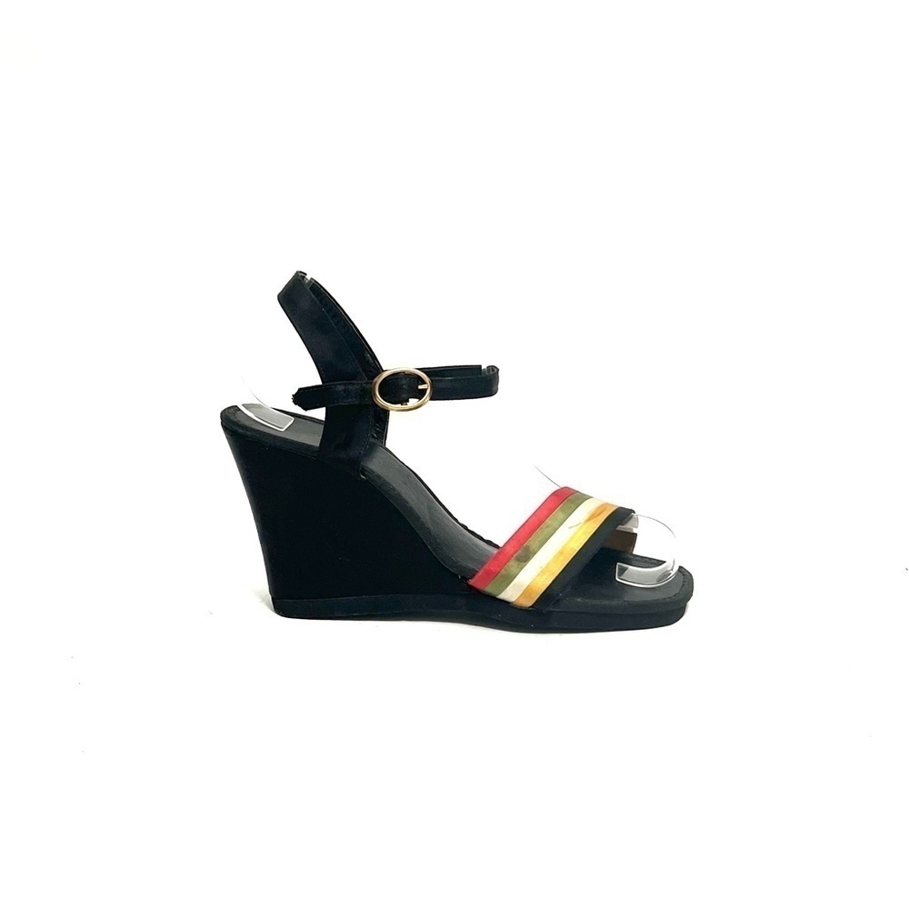 Vintage 1940s black satin striped ribbon open toe wedge heel sandals